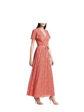 Monique Lhuillier Coral Pink Lace Puff Sleeve Midi Dress Size 8
